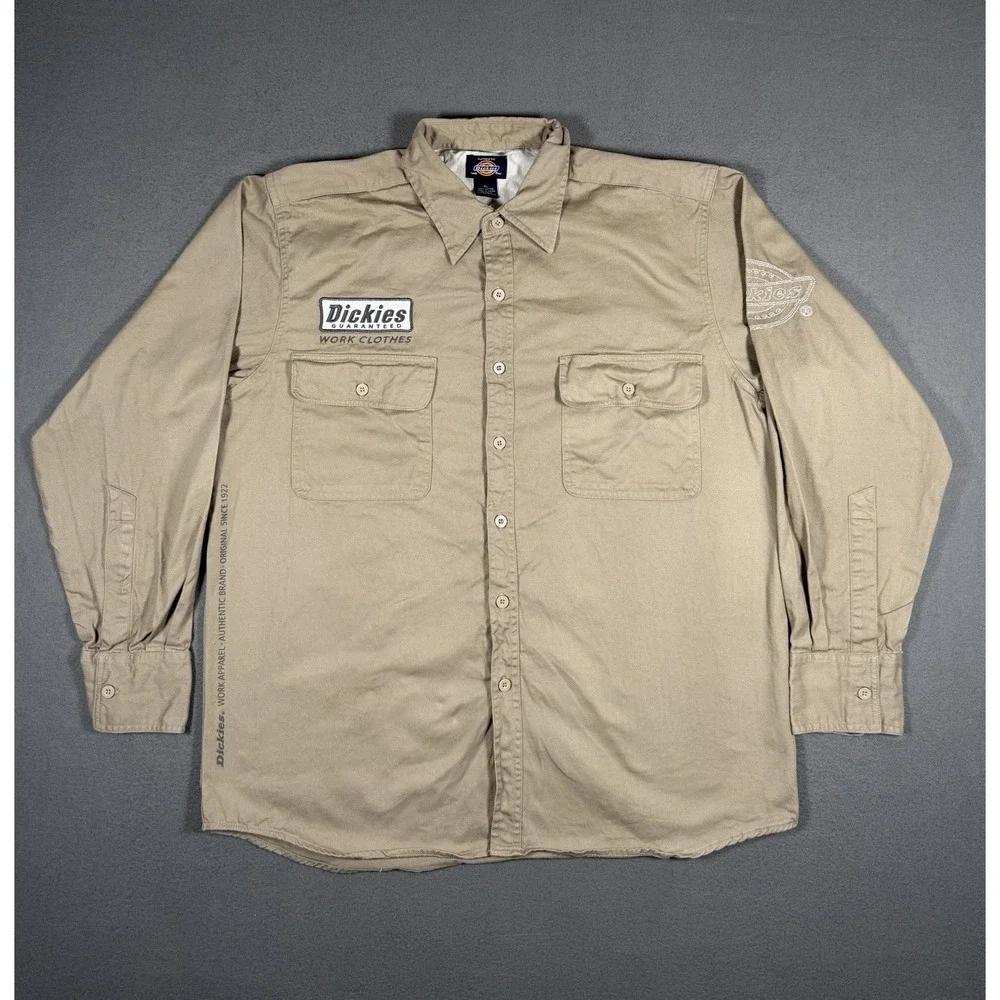Vintage Dickies Work Shirt Mens XL Khaki Long Sleeve Back Graphic Spell Out